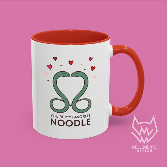 Mug with red handle and interior featuring a cute valentine themed snake design captioned: "You're my favorite noodle."