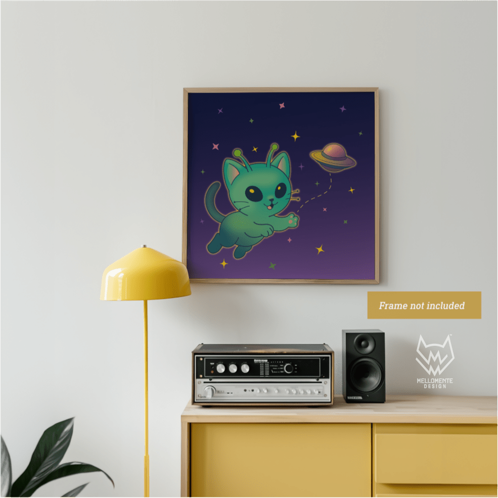 Artwork of a green alien cat-like creature with stars and a UFO on a wall above a yellow cabinet. Framed art shown as display suggestion.