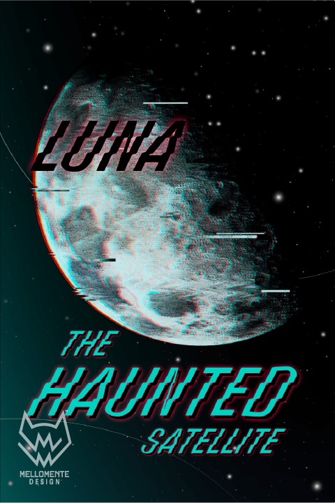 Luna moon poster with retro glitch effects and red and cyan typography on starry space background.