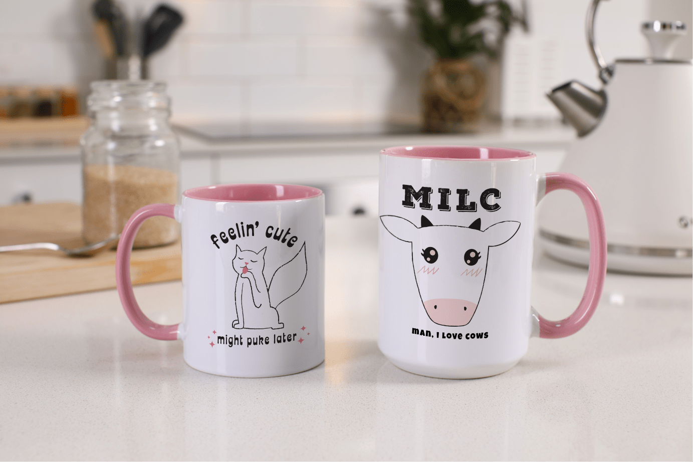 A pair of mugs showcasing funny cat and cow themed art.