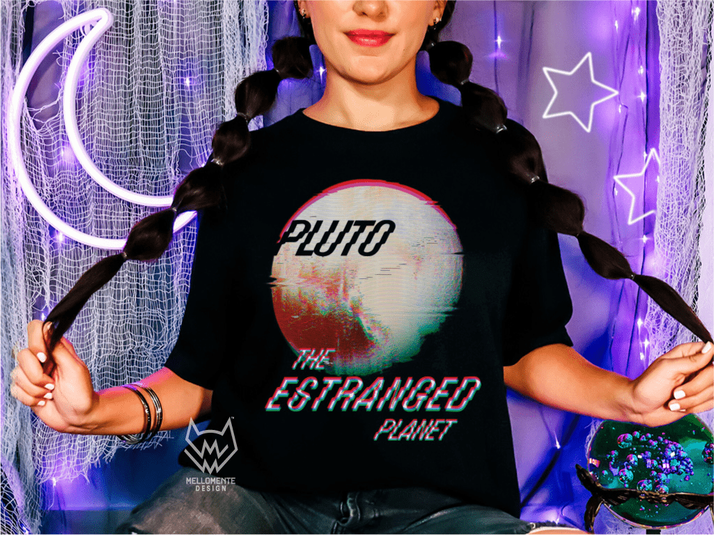 Woman wearing a shirt featuring Pluto in a retro glitch-art design.