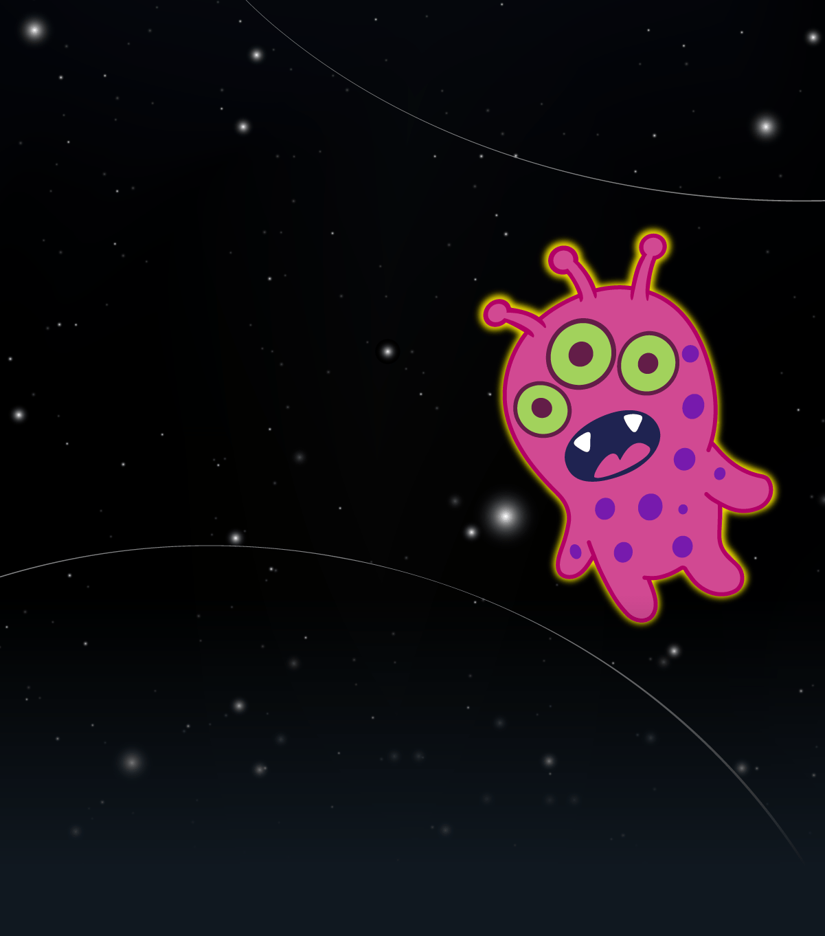 Cute pink alien floating in space against a starry background.