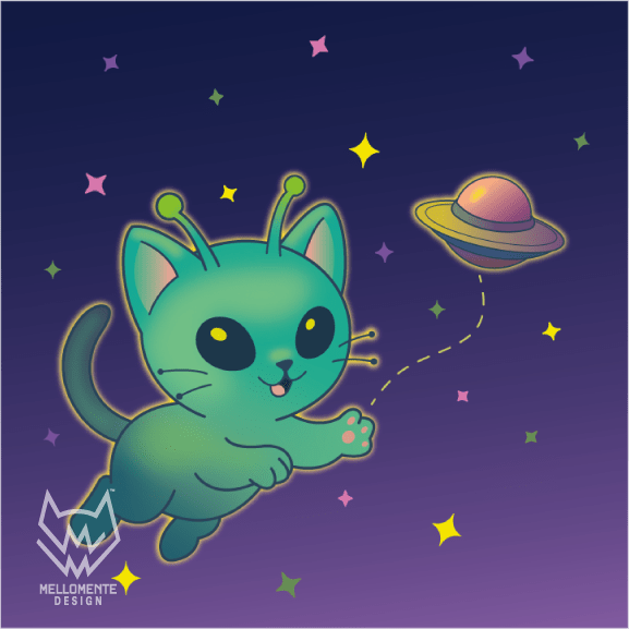 Green alien cat against a starry background chasing a UFO in space.