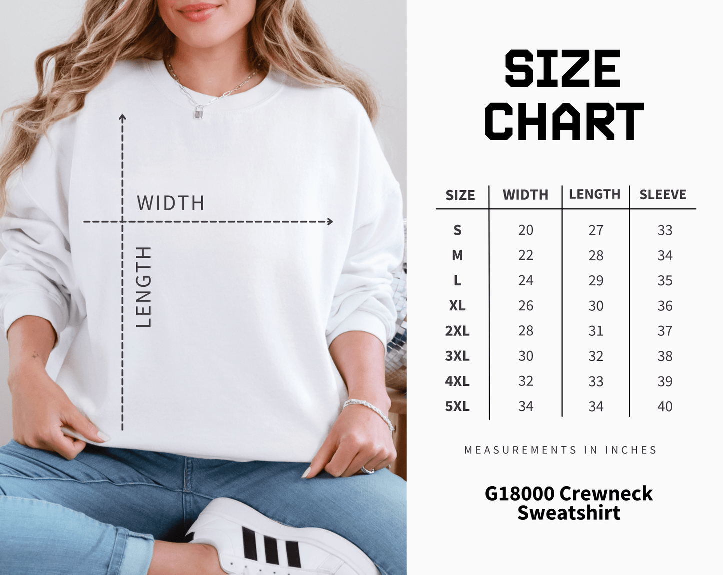Size chart for unisex sweater.