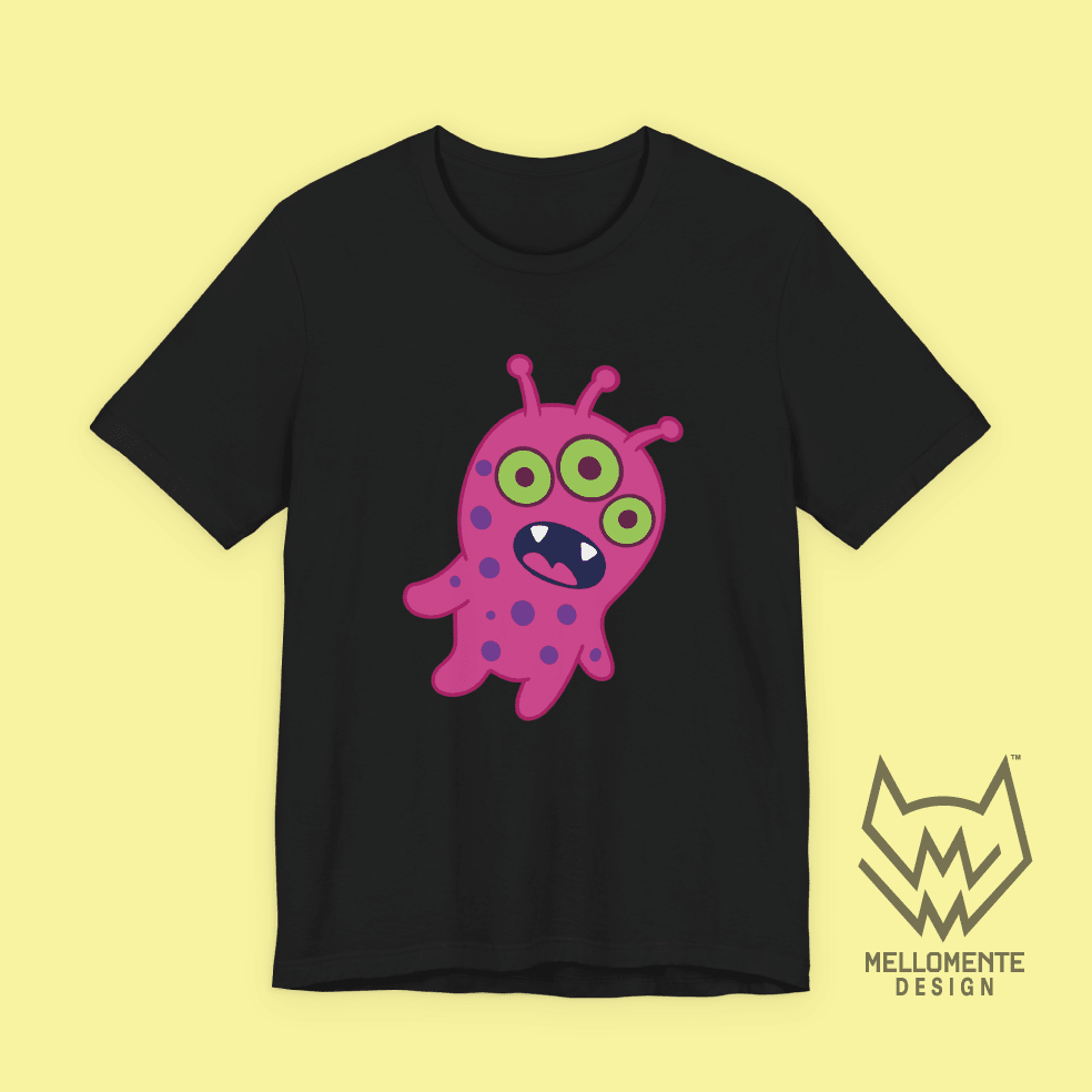 Black t-shirt featuring a pink alien creature on a solid background.