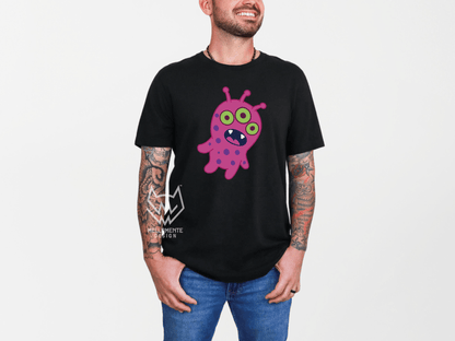 Man wearing a Black shirt featuring a pink alien creature.