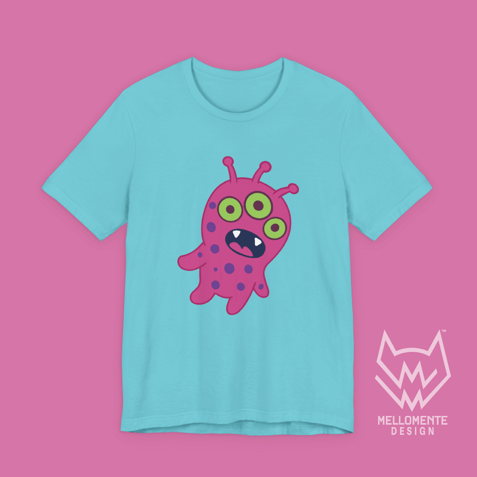 Turquoise t-shirt featuring a pink alien creature on a solid background.