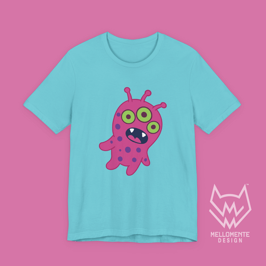 Turquoise t-shirt featuring a pink alien creature on a solid background.