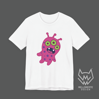 White t-shirt featuring a pink alien creature on a solid background.
