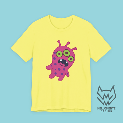 Yellow t-shirt featuring a pink alien creature on a solid background.