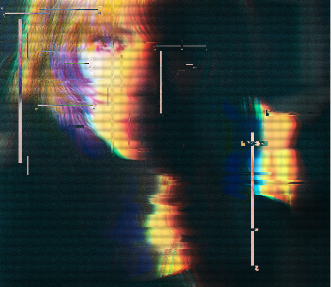 Artistic depiction of a person with colorful, glitchy effects on a dark background