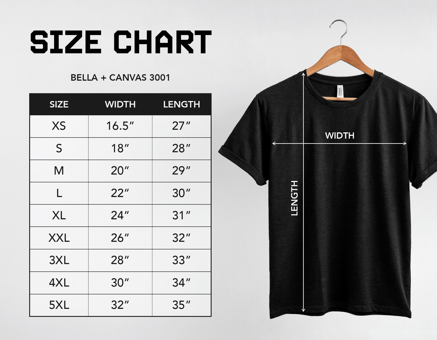 Size chart featuring a black bella + canvas shirt.