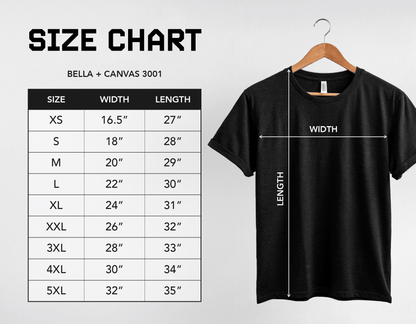Size chart featuring a black bella + canvas shirt.