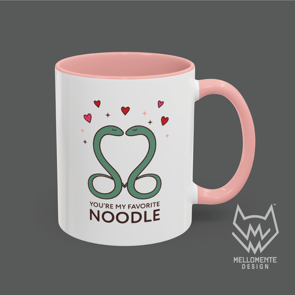 Mug with pink handle and interior featuring a cute valentine themed snake design captioned: "You're my favorite noodle."