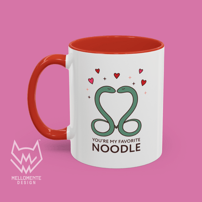 Mug with red handle and interior featuring a cute valentine themed snake design captioned: "You're my favorite noodle."