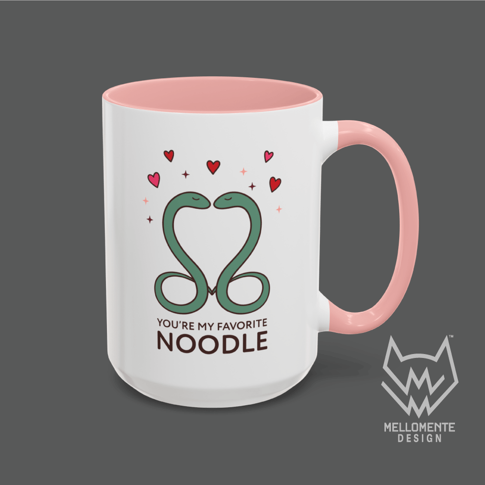 Mug with pink handle and interior featuring a cute valentine themed snake design captioned: "You're my favorite noodle."