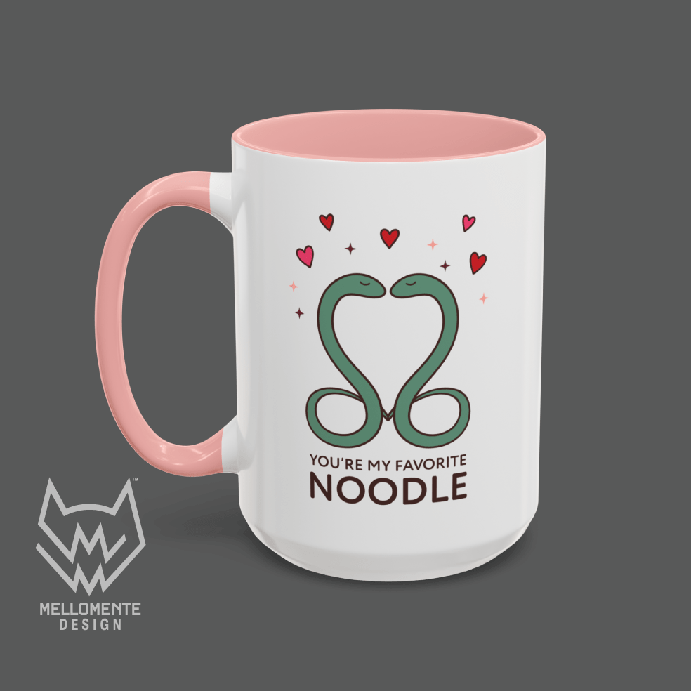 Mug with pink handle and interior featuring a cute valentine themed snake design captioned: "You're my favorite noodle."