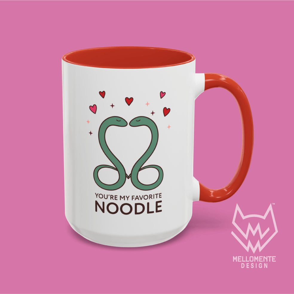 Mug with red handle and interior featuring a cute valentine themed snake design captioned: "You're my favorite noodle."