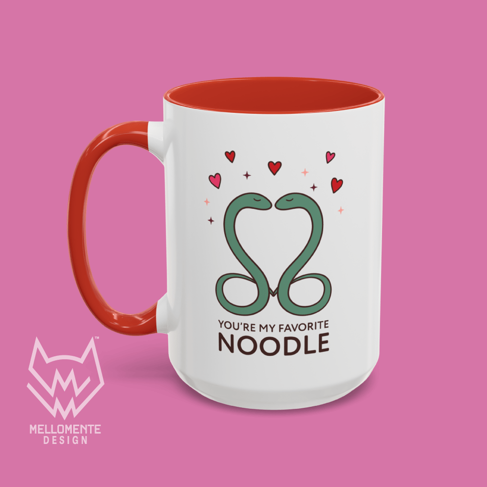 Mug with red handle and interior featuring a cute valentine themed snake design captioned: "You're my favorite noodle."