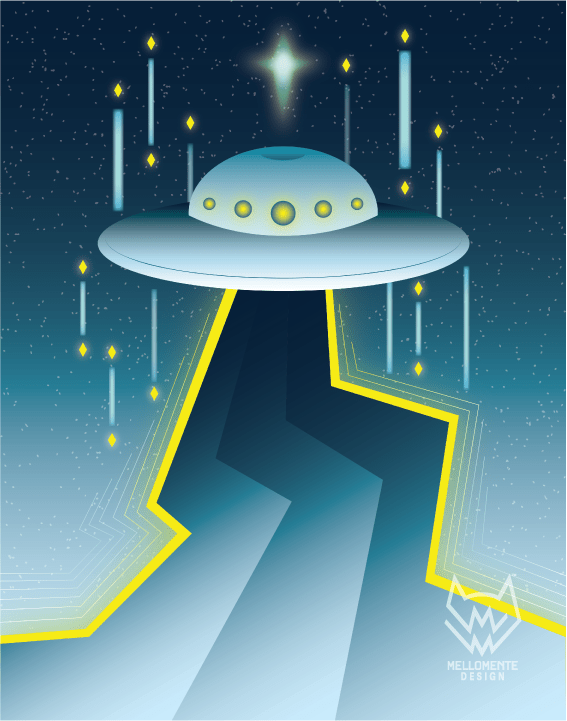 Sci-fi space poster with retro spaceship and night sky.