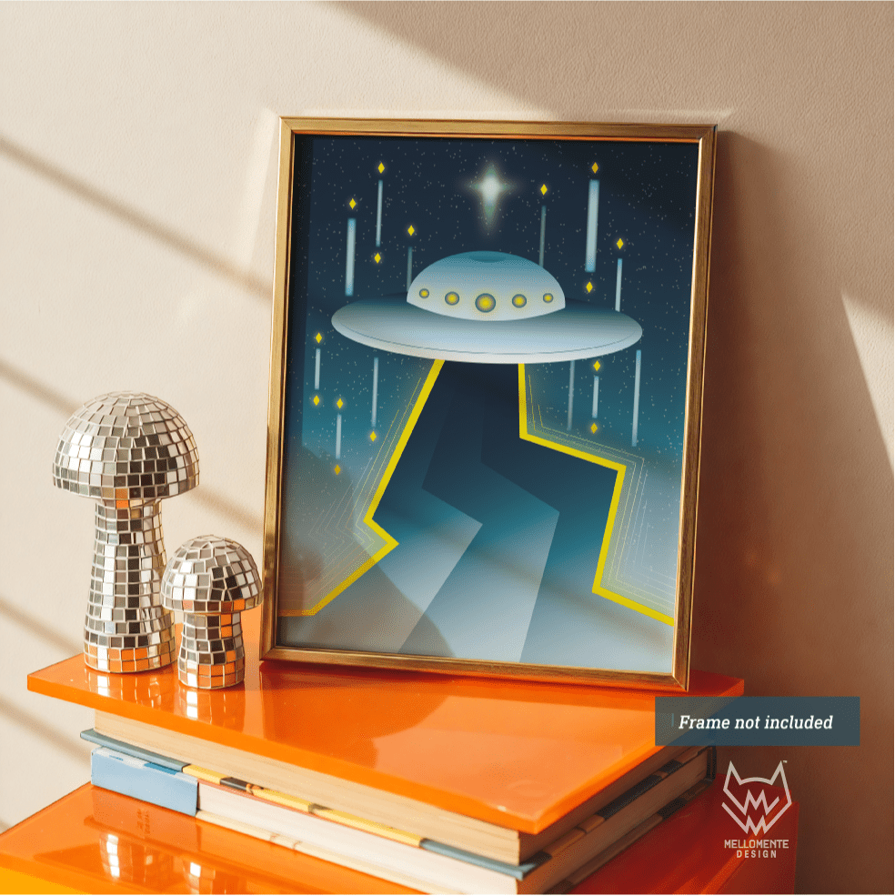 Framed artwork of a UFO on an orange surface with decorative items. Framed art shown as display suggestion.
