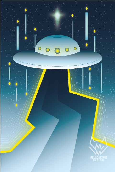 Sci-fi space poster with retro spaceship and night sky.