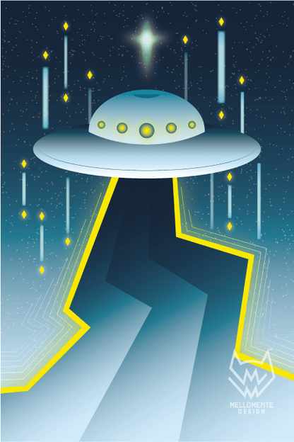 Sci-fi space poster with retro spaceship and night sky.