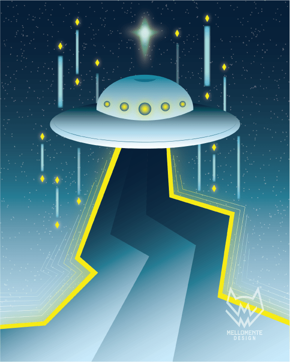 Sci-fi space poster with retro spaceship and night sky.