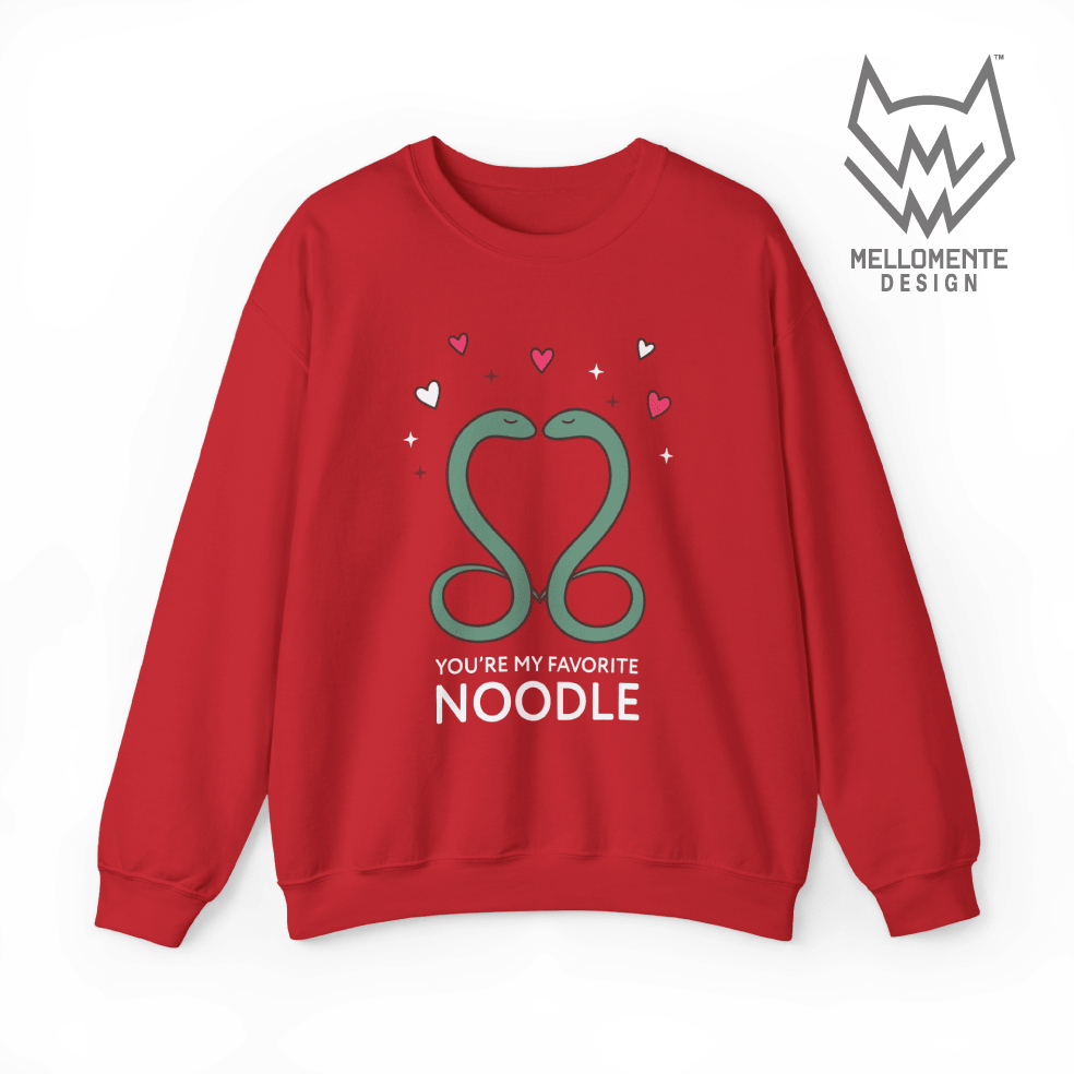 Red sweater featuring a cute valentine themed snake design captioned: "You're my favorite noodle."