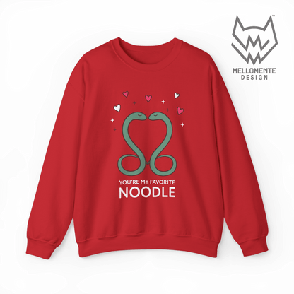 Red sweater featuring a cute valentine themed snake design captioned: "You're my favorite noodle."
