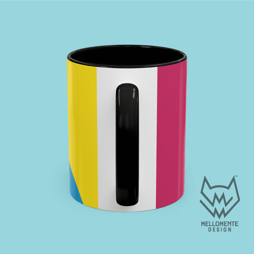 Ceramic mug with black interior featuring colorful artwork with a pink alien creature on a solid background.