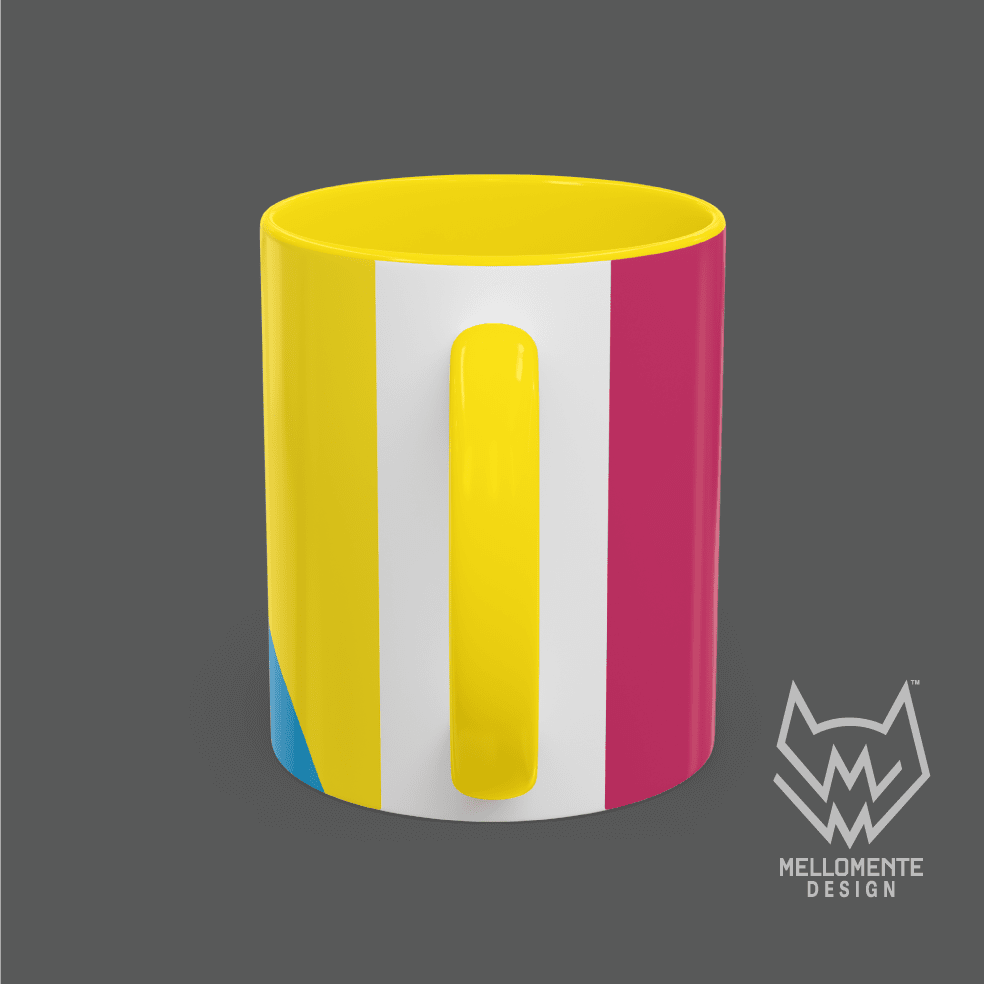 Ceramic mug with yellow interior featuring colorful artwork with a pink alien creature on a solid background.