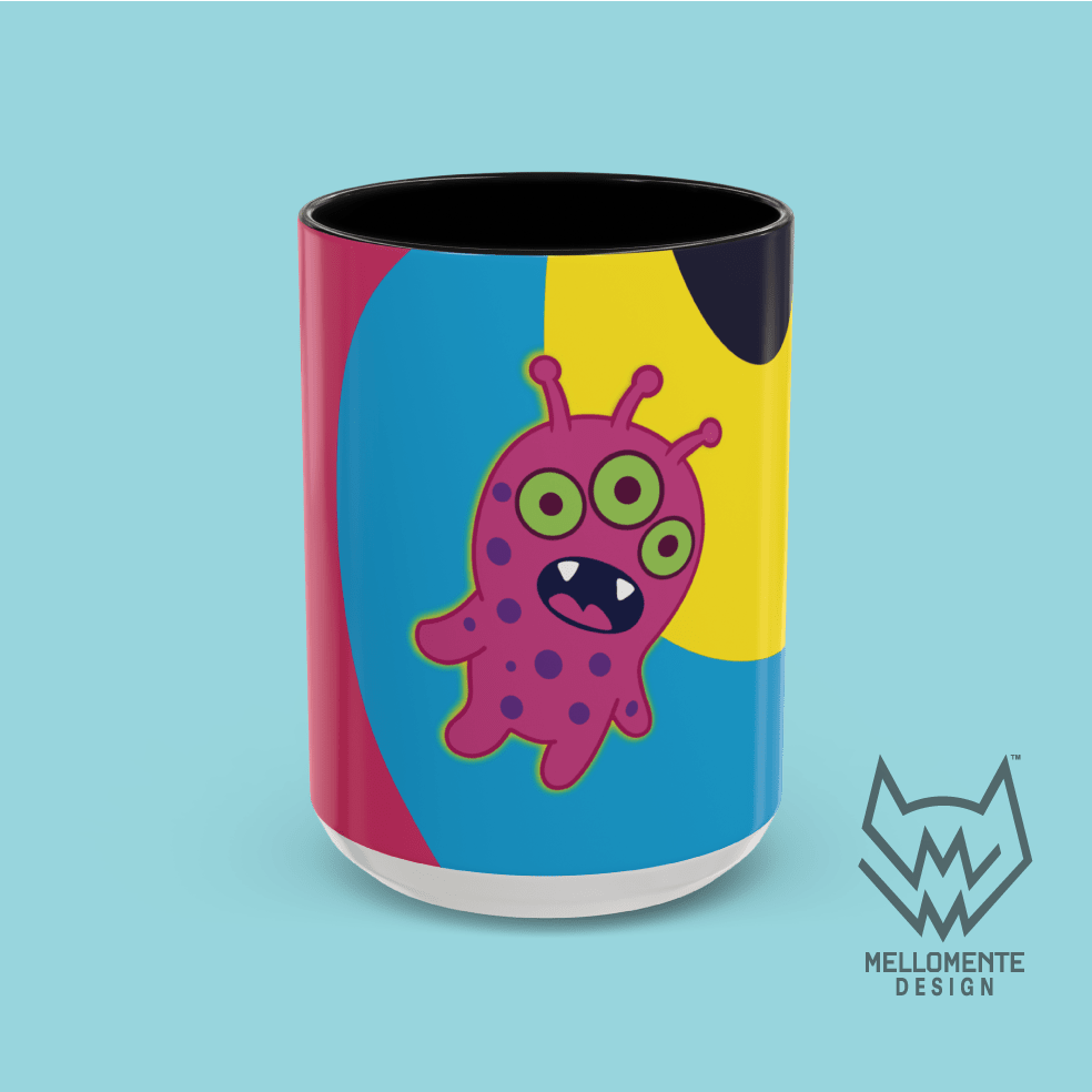 Ceramic mug with black interior featuring colorful artwork with a pink alien creature on a solid background.