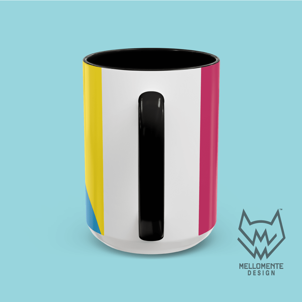 Ceramic mug with black interior featuring colorful artwork with a pink alien creature on a solid background.