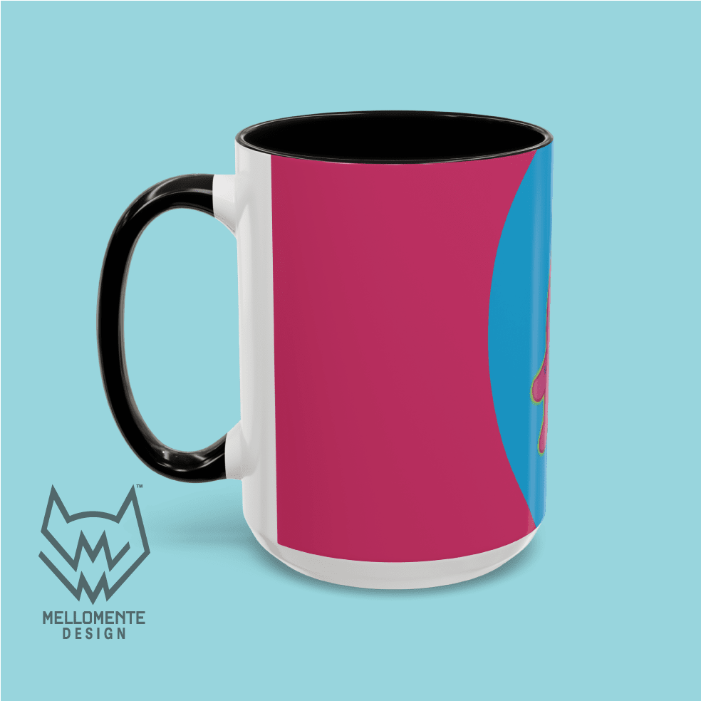 Ceramic mug with black interior featuring colorful artwork with a pink alien creature on a solid background.