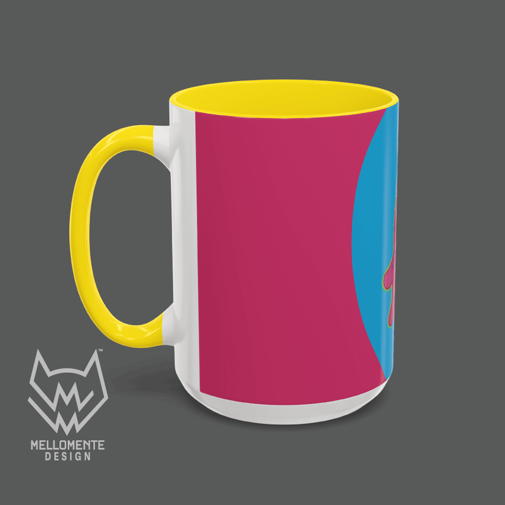 Ceramic mug with yellow interior featuring colorful artwork with a pink alien creature on a solid background.