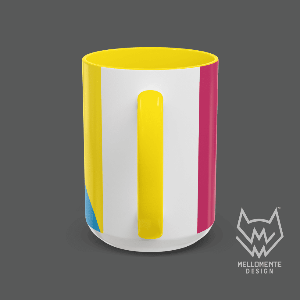 Ceramic mug with yellow interior featuring colorful artwork with a pink alien creature on a solid background.