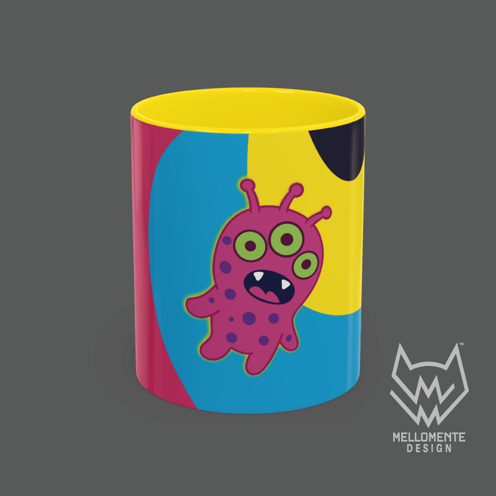 Ceramic mug with yellow interior featuring colorful artwork with a pink alien creature on a solid background.