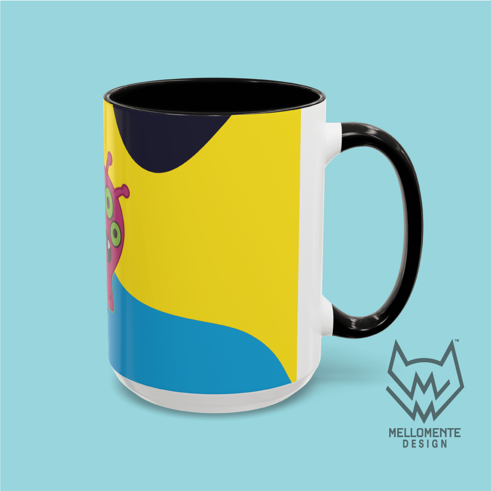 Ceramic mug with black interior featuring colorful artwork with a pink alien creature on a solid background.
