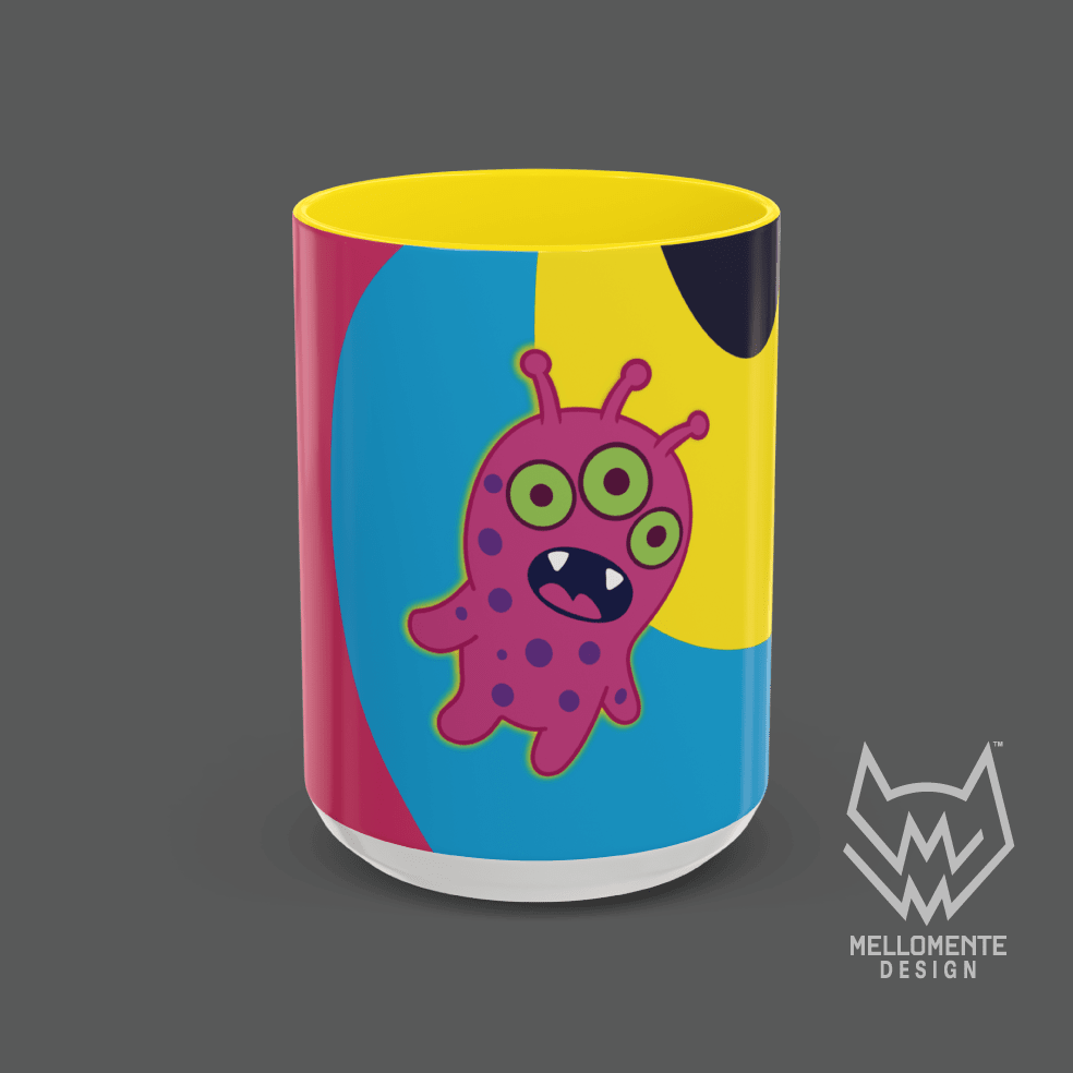 Ceramic mug with yellow interior featuring colorful artwork with a pink alien creature on a solid background.