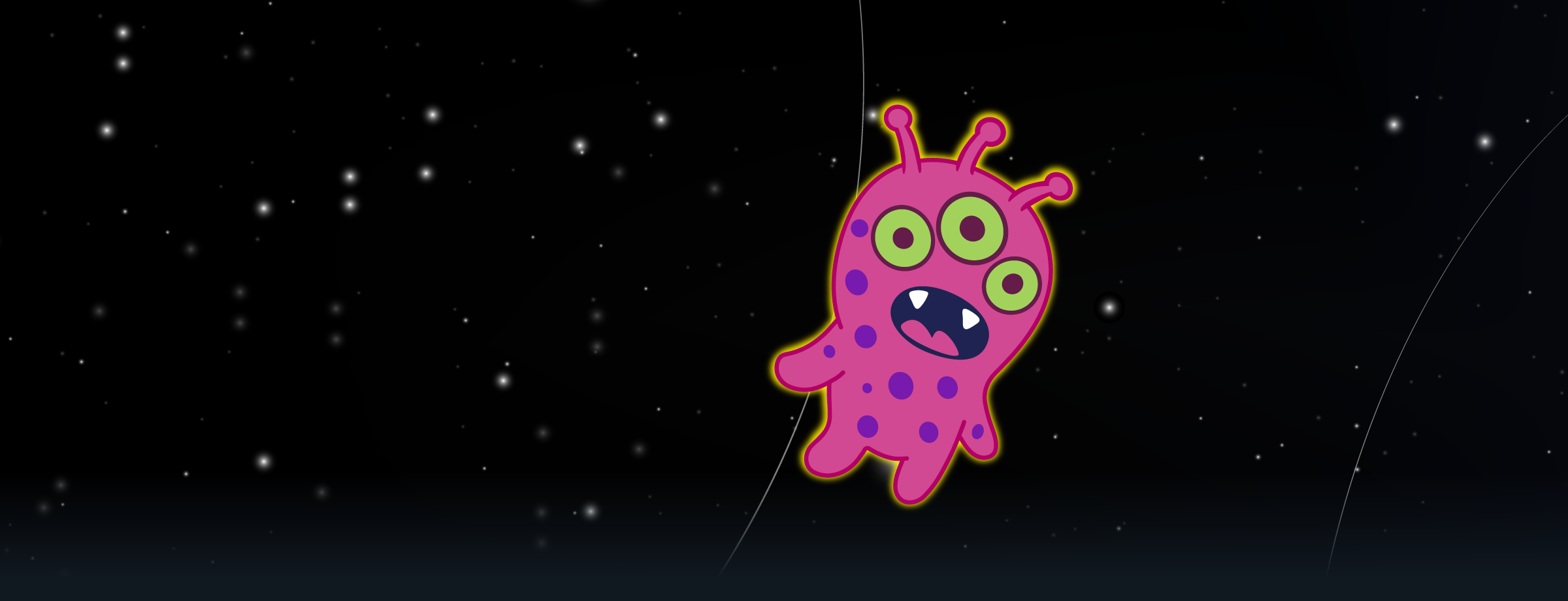 Cartoonish pink creature with polka dots on a black space themed background.