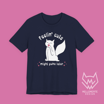 Navy t-shirt with a cat graphic and text on a solid background.