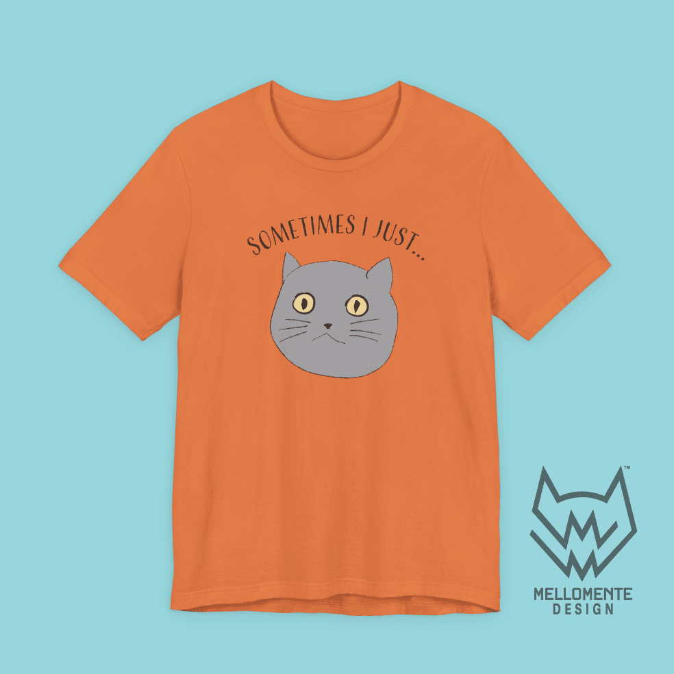 Orange t-shirt with a cat graphic and text on a solid background.