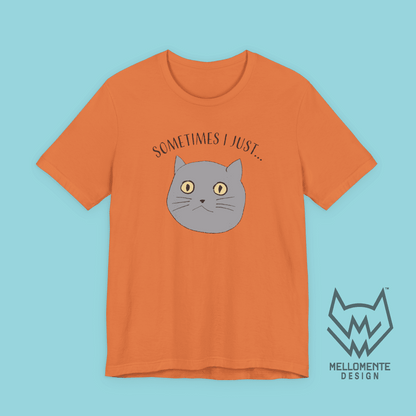Orange t-shirt with a cat graphic and text on a solid background.