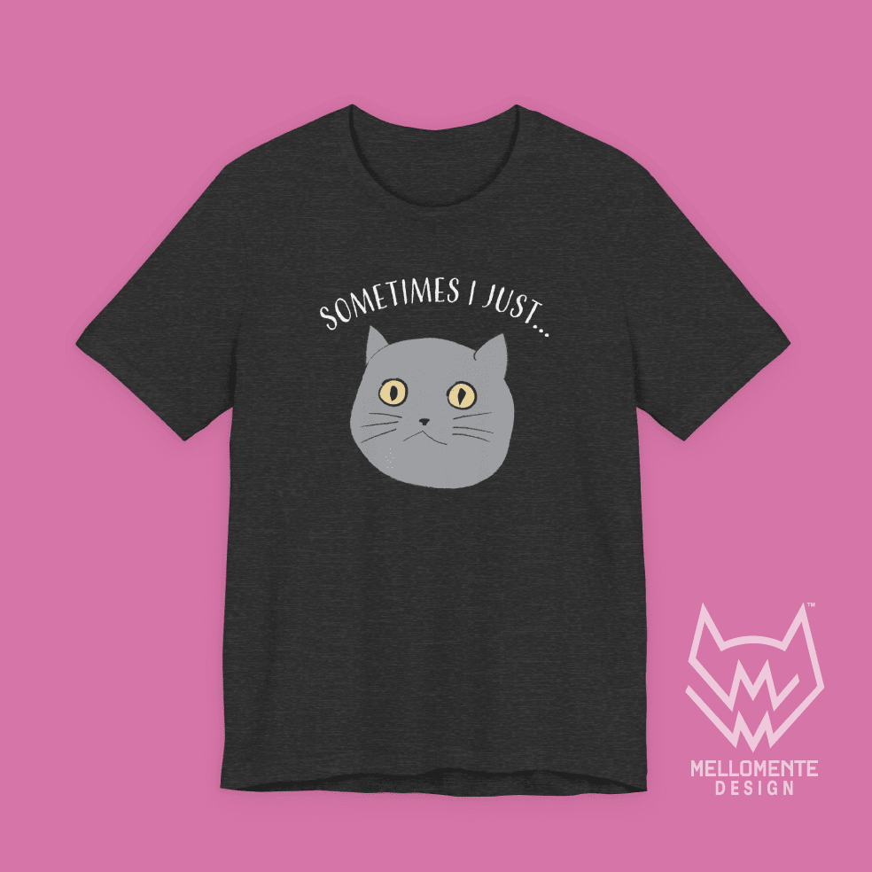 Dark gray t-shirt with a cat graphic and text on a solid background.