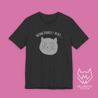 Dark gray t-shirt with a cat graphic and text on a solid background.