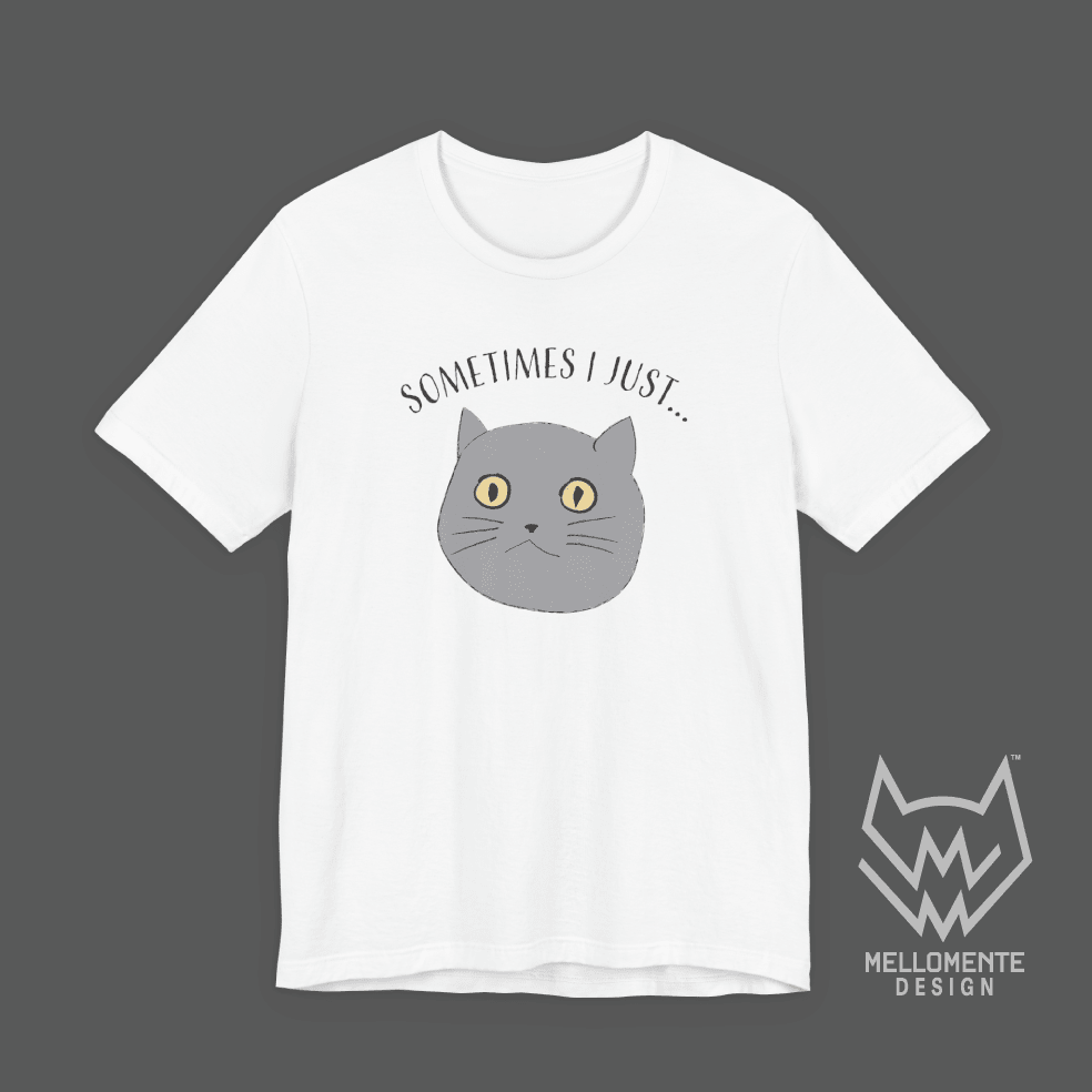 White t-shirt with a cat graphic and text on a solid background.