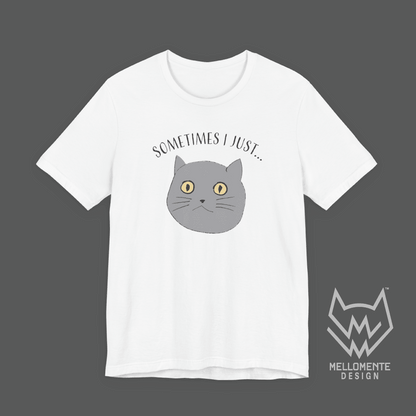 White t-shirt with a cat graphic and text on a solid background.