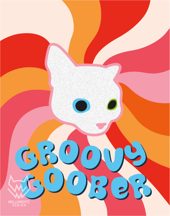 Retro psychedelic cat art print with colorful pink, red and orange swirl background and bold bubble text saying Groovy Goober