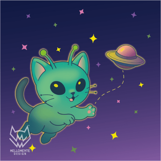 Cartoon cat with alien ears against a starry background, chasing a UFO in space.